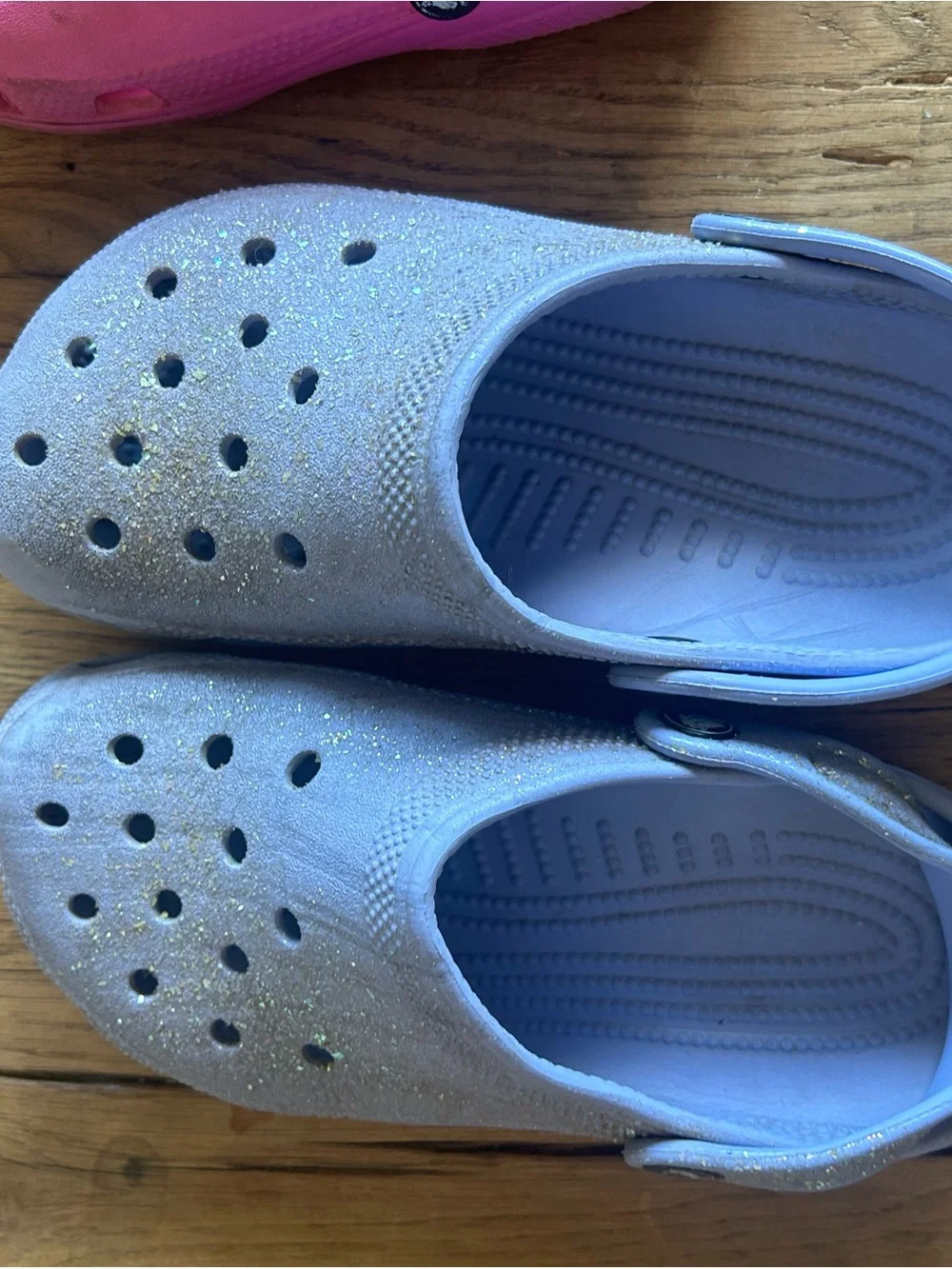 Kids Lightweight Slip-On crocs clogs - Pink and lilac purple glitter size 2